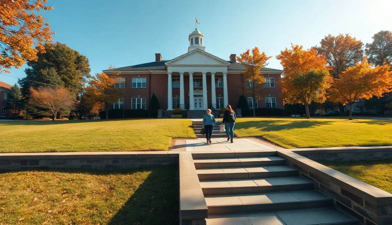 Oconee County courthouse exterior on a clear morning with residents approaching