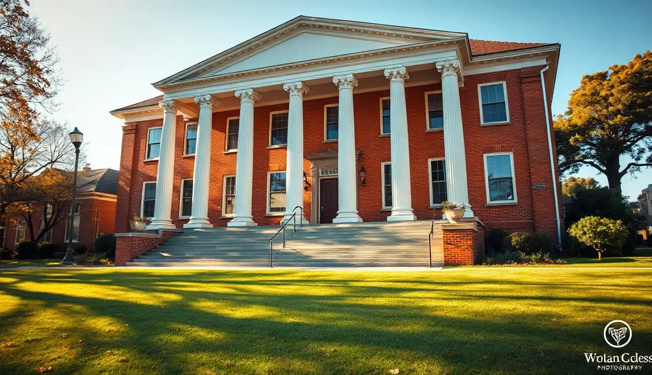 Red-brick Louisiana parish courthouse with white columns on a sunny morning