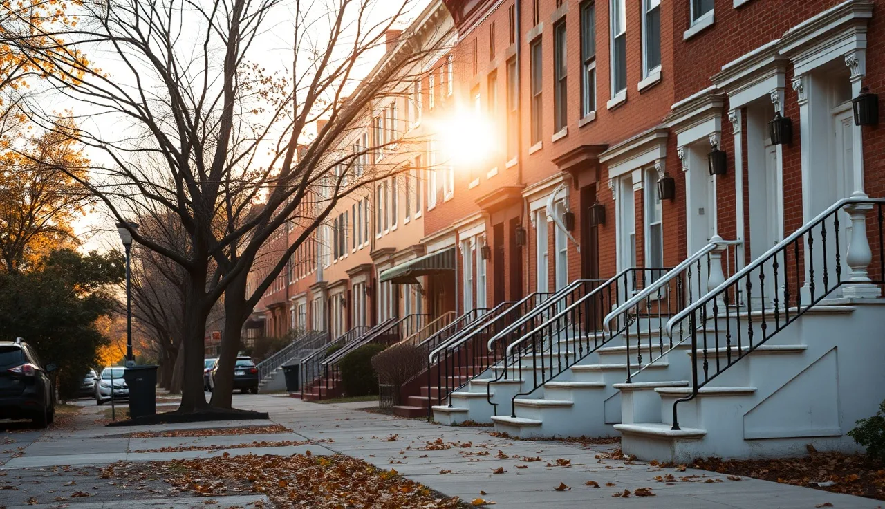 Philadelphia brick row houses on a quiet residential street in autumn morning light