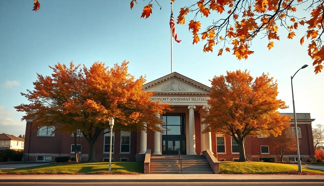 Pierce County government building exterior in Tacoma with autumn trees and blue sky