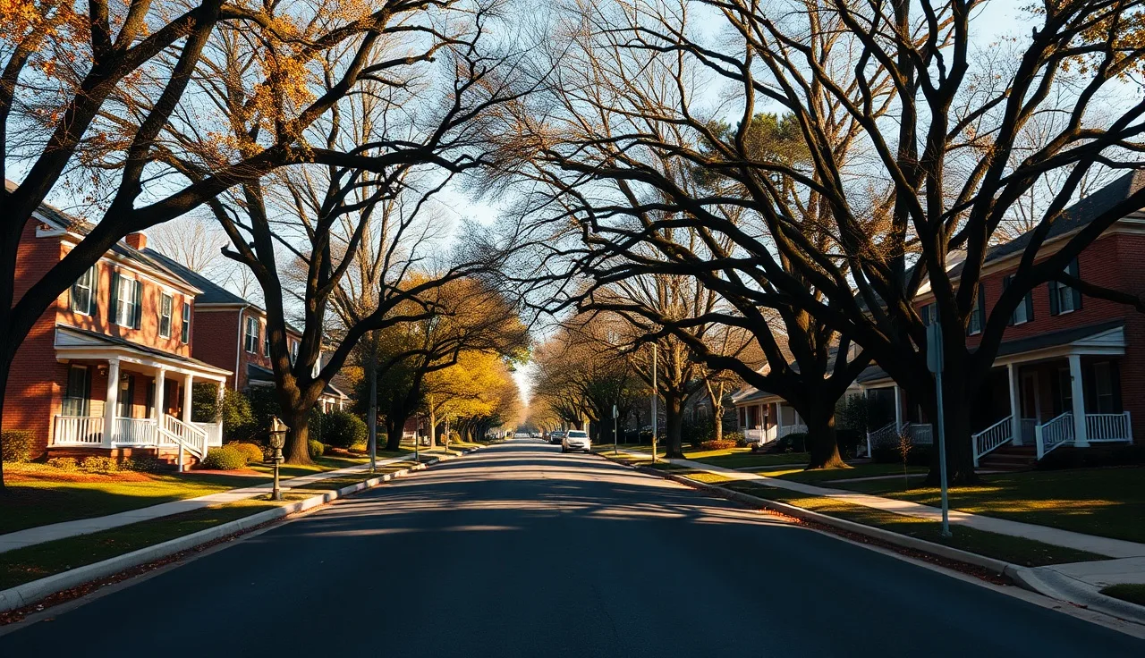 Quiet suburban street with brick colonial homes in Prince William County Virginia
