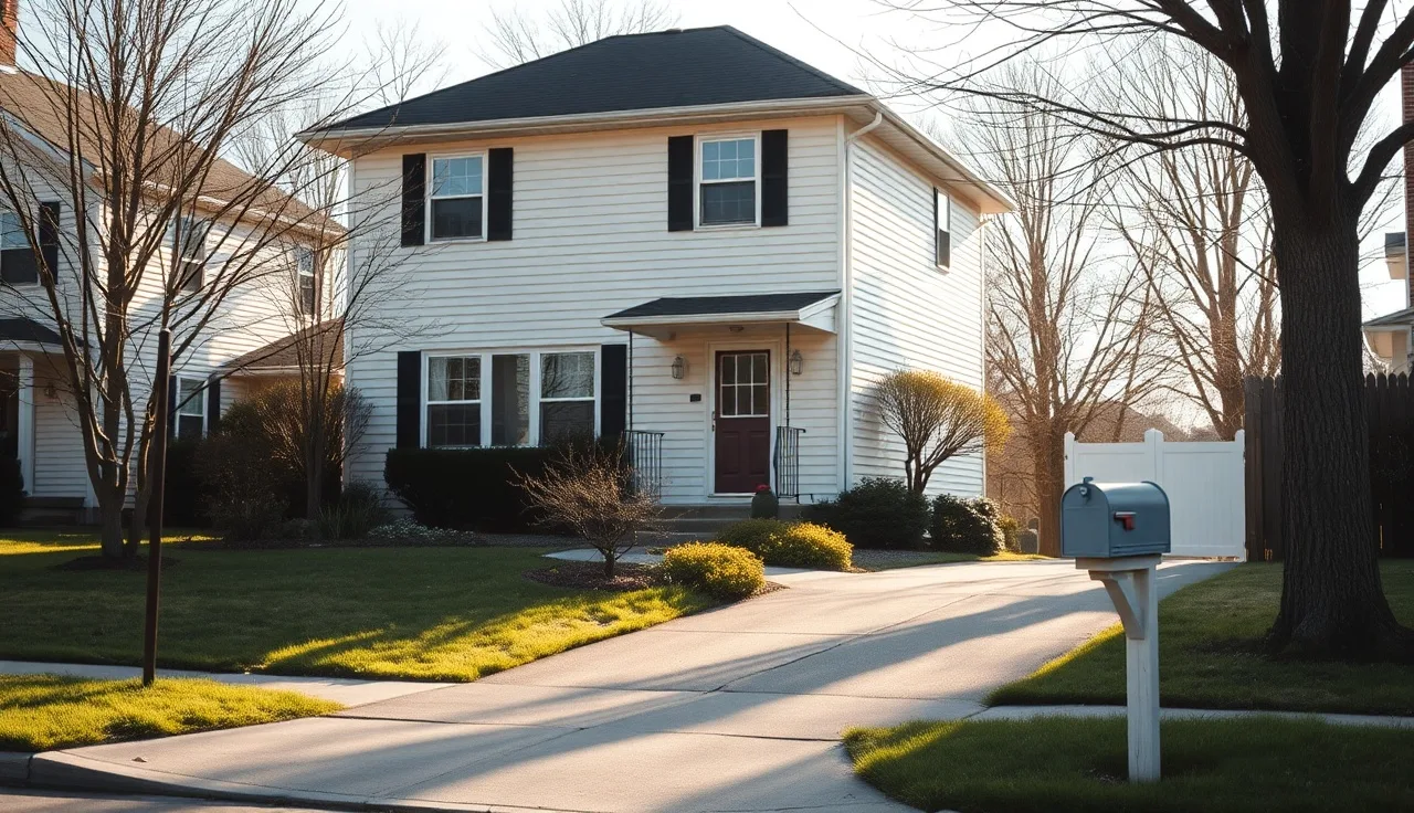 Suburban New Jersey home in early spring morning light, front lawn and mailbox visible