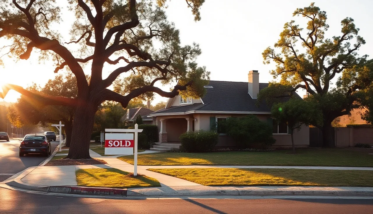 Sold sign in front of a California craftsman house at sunset