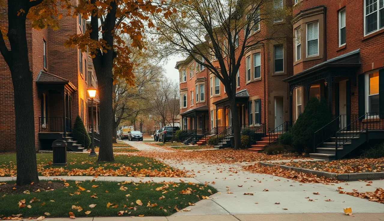Brick townhouses on a New Brunswick New Jersey residential street in autumn