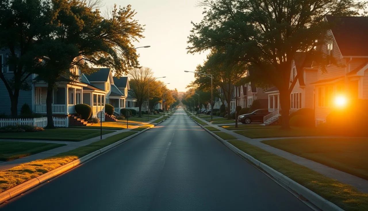 Quiet residential street of single-family homes at golden hour showing property tax subject matter