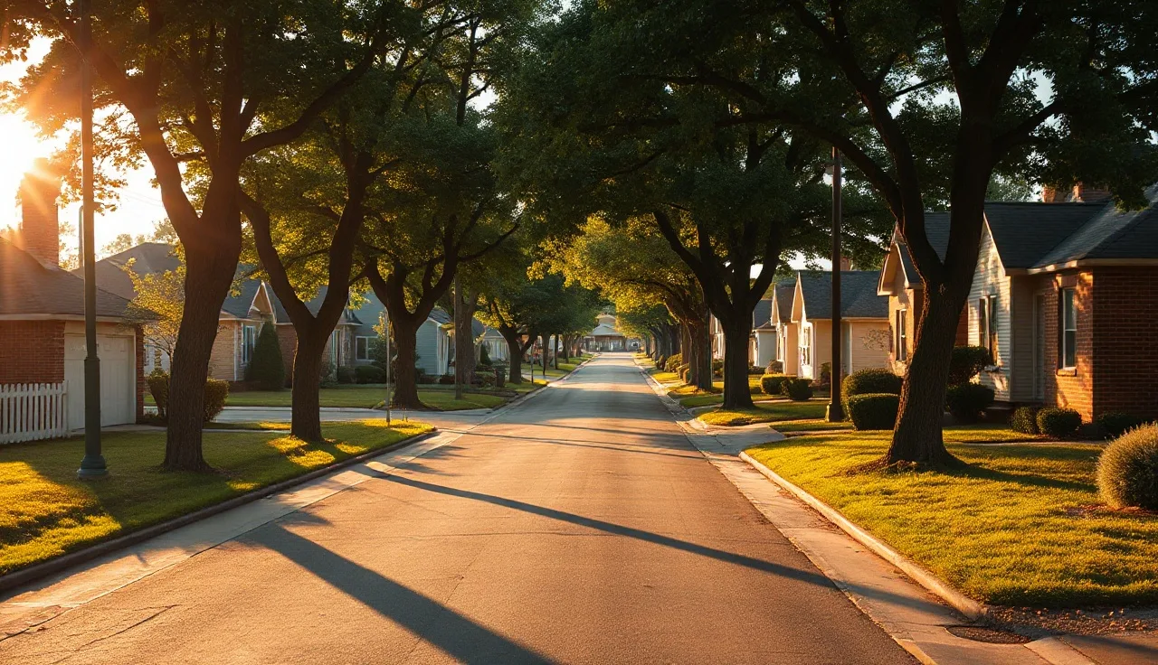 Suburban residential street at golden hour showing homes subject to property tax
