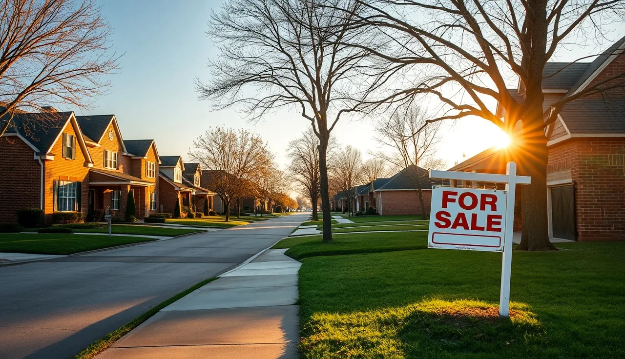Suburban North Texas neighborhood street with brick homes at golden hour