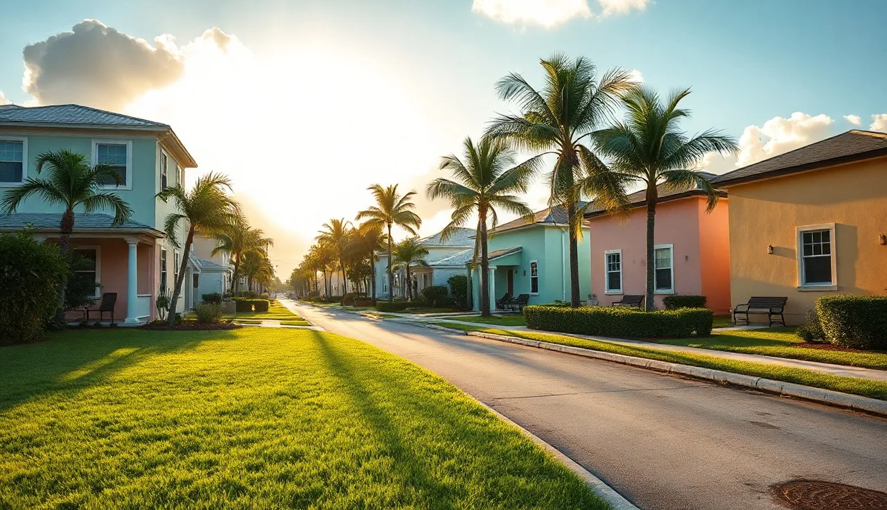 Miami residential street with pastel homes and palm trees at golden hour