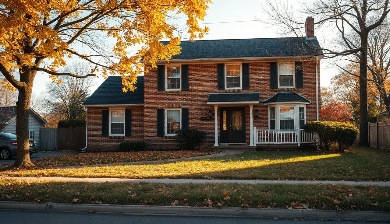 Brick suburban Pennsylvania home exterior on an autumn morning with golden light
