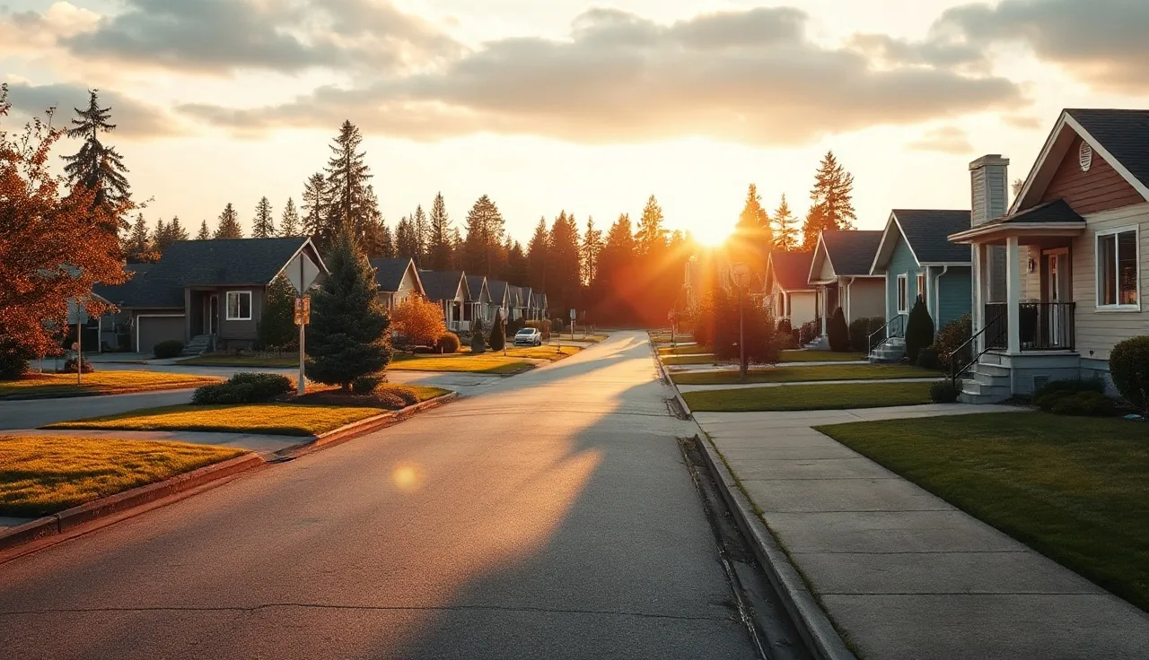 Suburban street with single-family homes at golden hour, property tax concept
