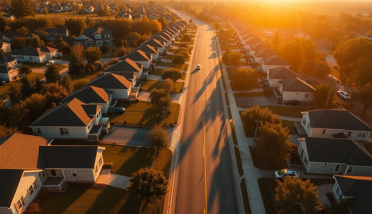 Aerial view of American suburban neighborhood homes at golden hour