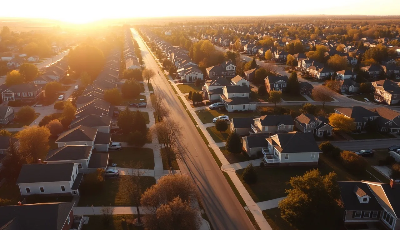 Aerial view of American residential neighborhood at golden hour showing rows of homes