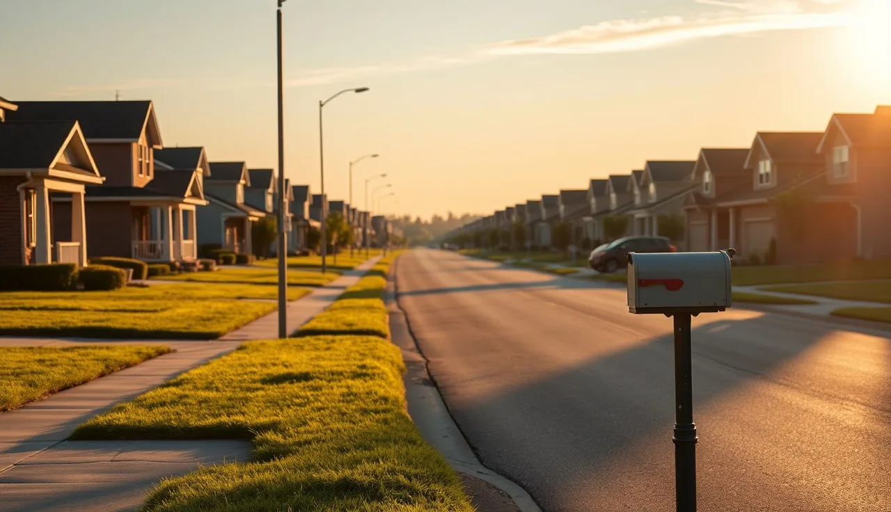 Suburban street with single-family homes at golden hour, property tax comparison scene