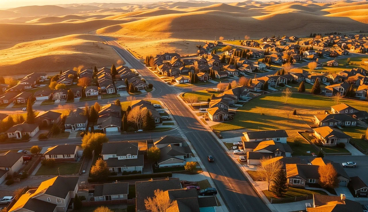 Aerial view of a Washington state suburban neighborhood at golden hour
