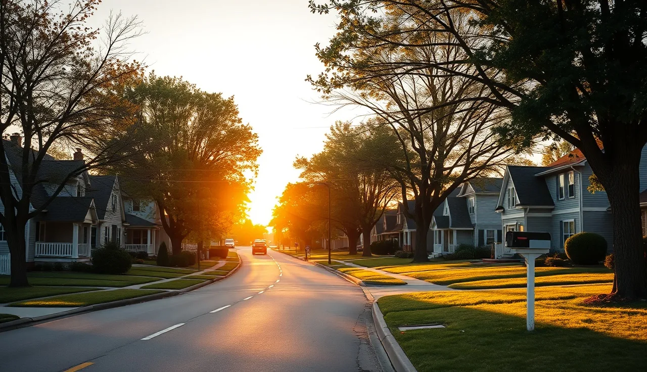 Residential street with single-family homes at golden hour, property tax concept