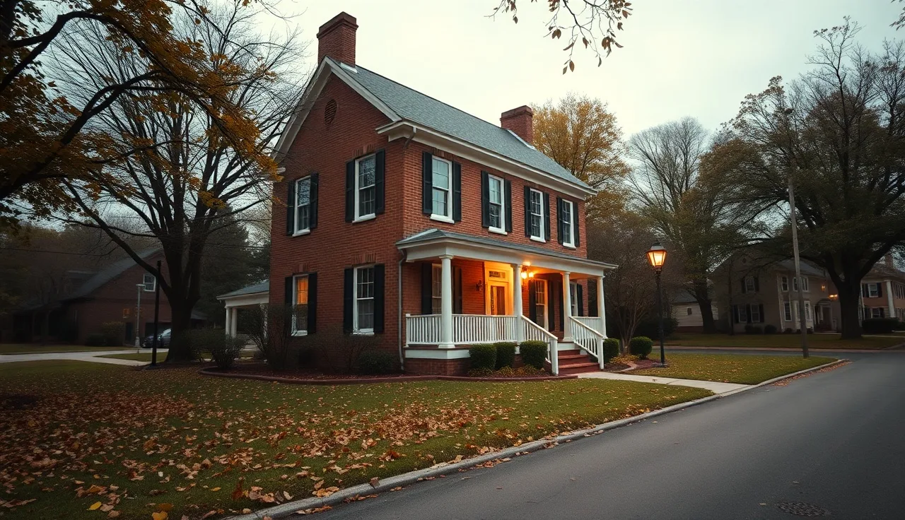 Brick colonial home on a tree-lined street in Richland County South Carolina in autumn