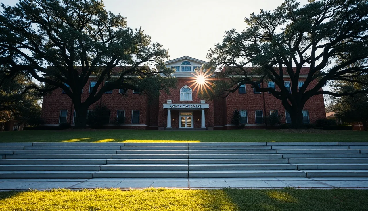 Brick county government building in Columbia South Carolina with oak trees and concrete steps