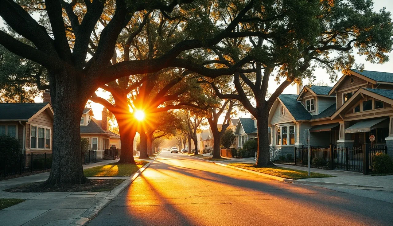 Residential street in Sacramento with craftsman homes and oak trees at golden hour