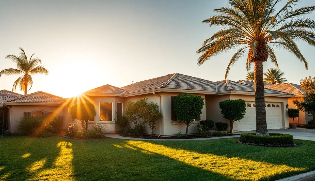 San Diego suburban home exterior at golden hour with palm tree in background