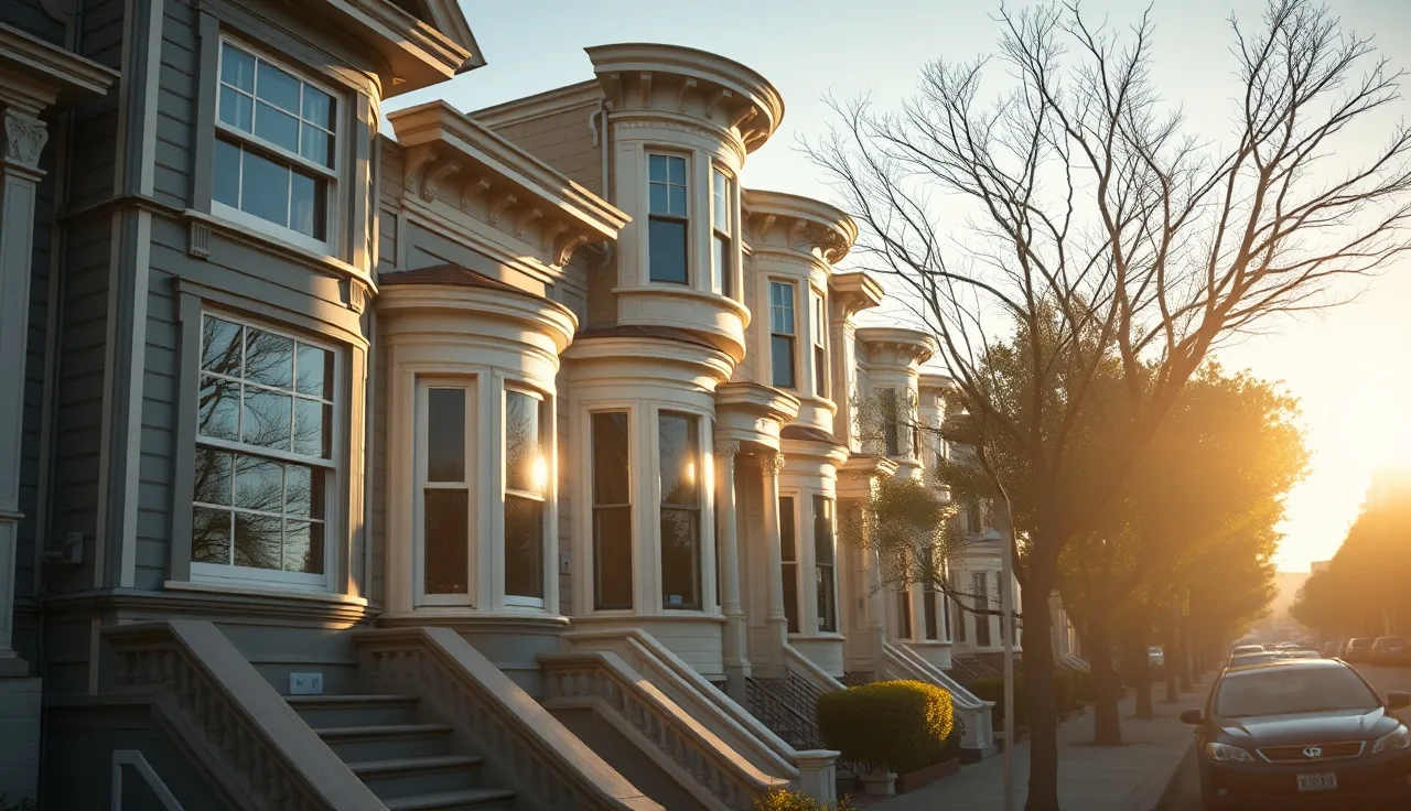 Victorian row houses on a quiet San Francisco residential street at golden hour