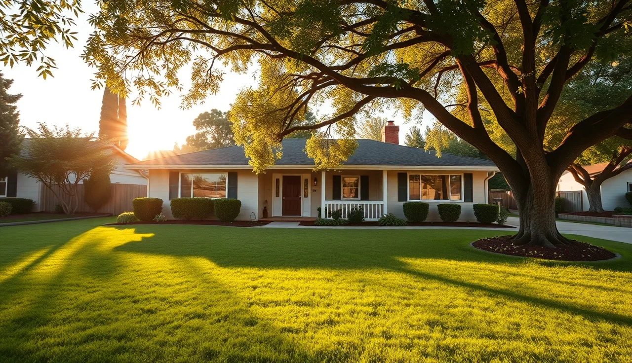 Suburban ranch home in San Mateo County neighborhood on a sunny morning