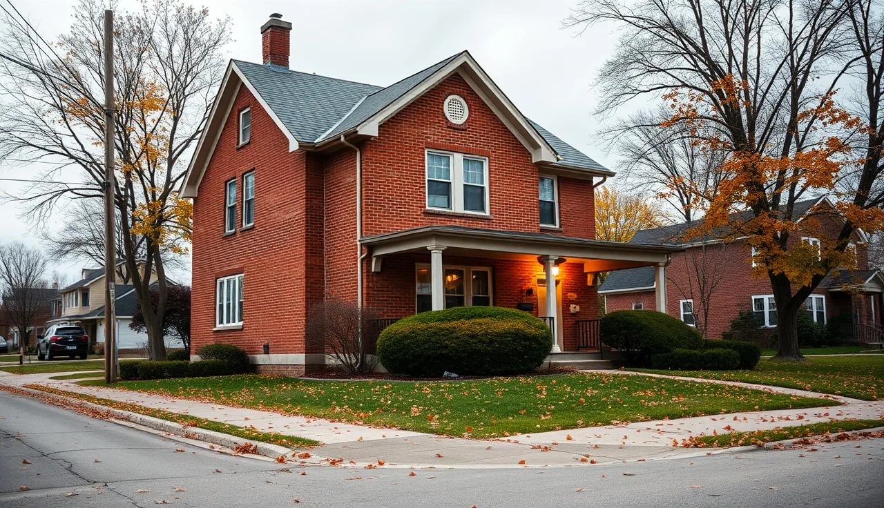 Brick house on a Springfield Illinois residential street in autumn morning light