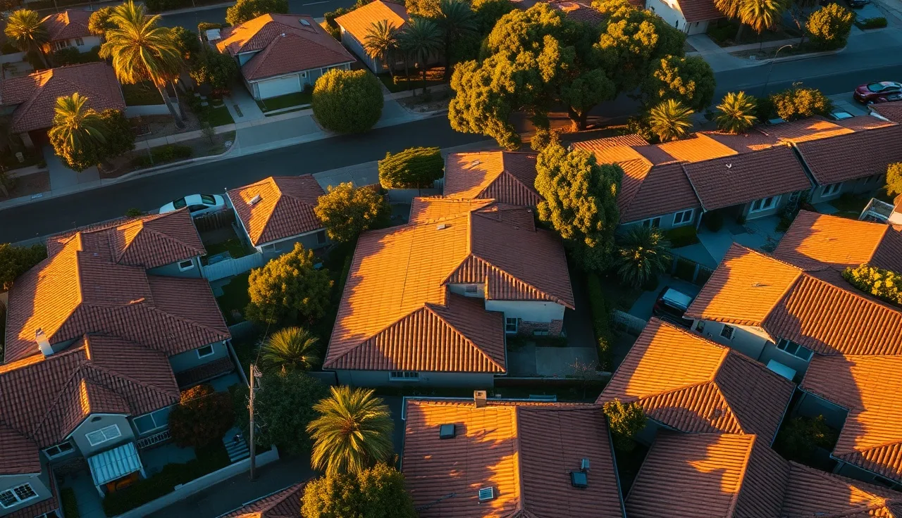 Aerial view of a San Jose residential neighborhood with tile rooftops at sunset