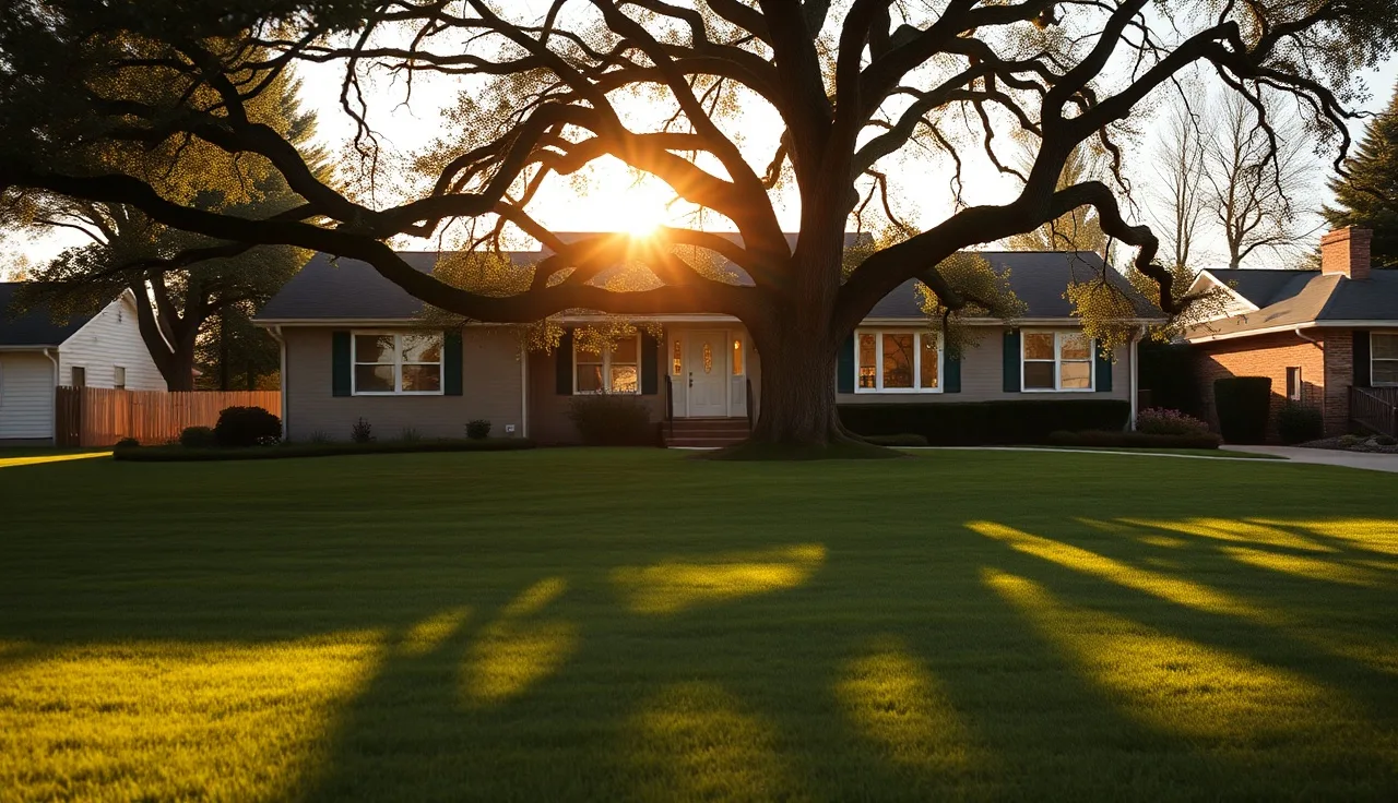 Ranch-style suburban home with oak tree at golden hour in Santa Clara County