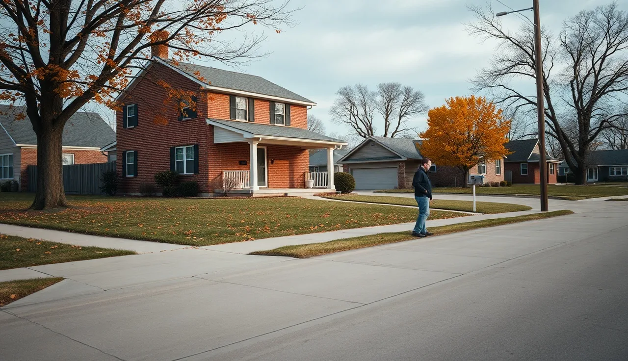 Wichita homeowner checking mailbox outside brick house on autumn morning