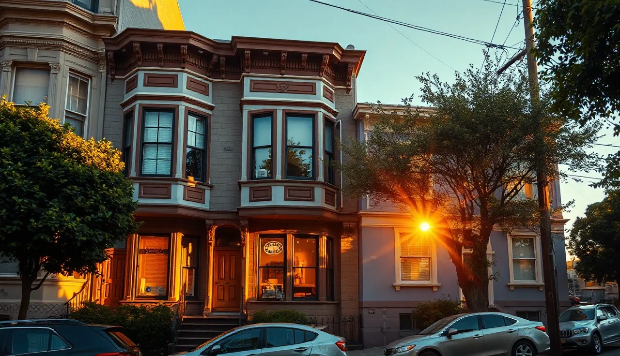 Victorian row houses on a steep San Francisco street in warm afternoon light
