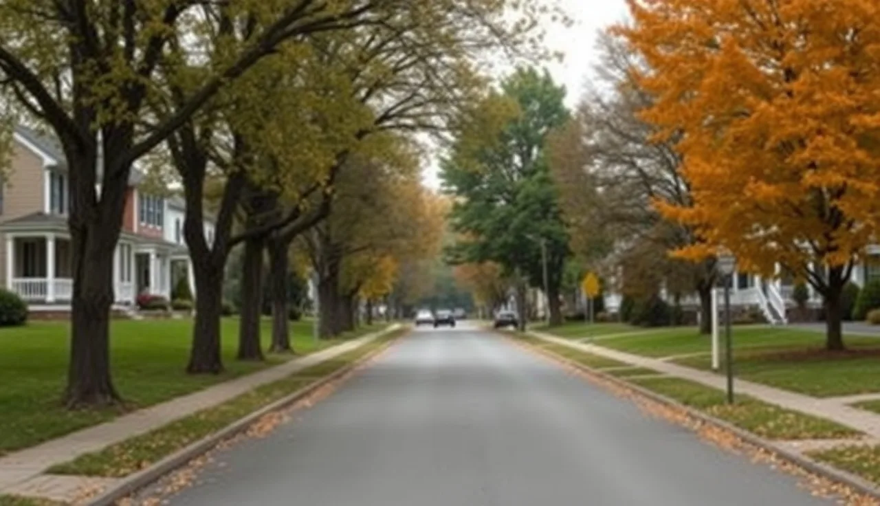 Quiet Connecticut residential street with colonial homes and autumn trees
