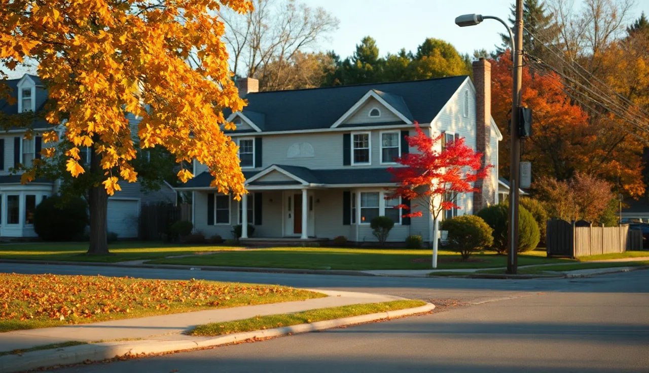 Colonial home on a Connecticut suburban street in autumn with fallen maple leaves