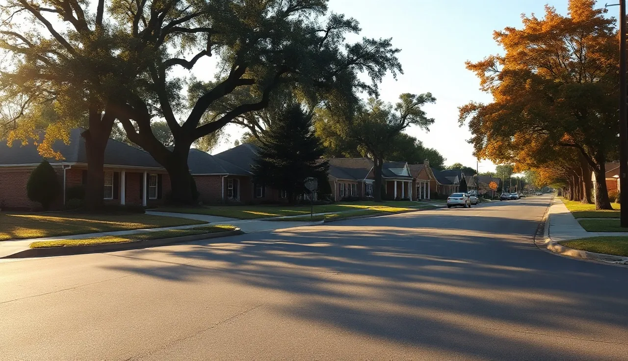 Quiet upstate South Carolina residential street with brick homes and oak trees