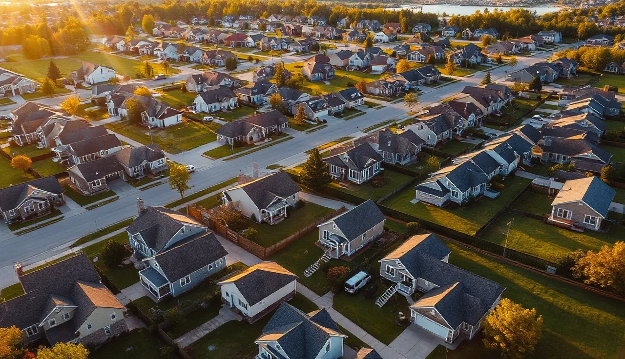 Aerial view of American suburban neighborhood showing varied single-family homes at sunset