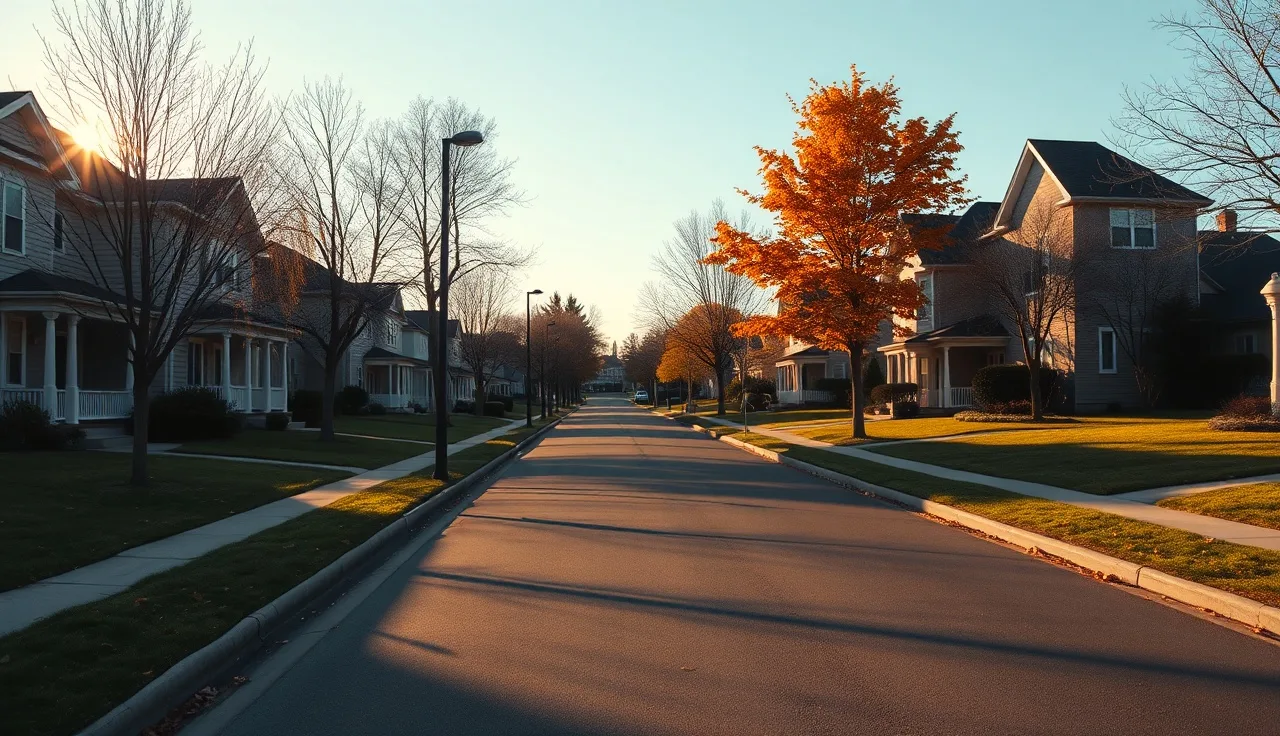 Quiet New Jersey suburban street with two-story homes on a sunny autumn morning