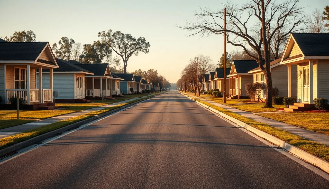 Quiet south Louisiana residential street with modest raised-slab homes in morning light