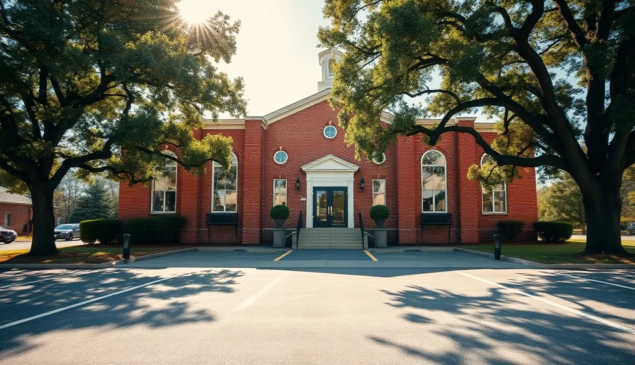 Thomas County courthouse exterior with oak trees on a clear morning