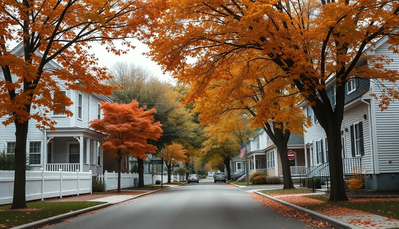 Residential street in Torrington Connecticut with autumn maple trees and clapboard homes