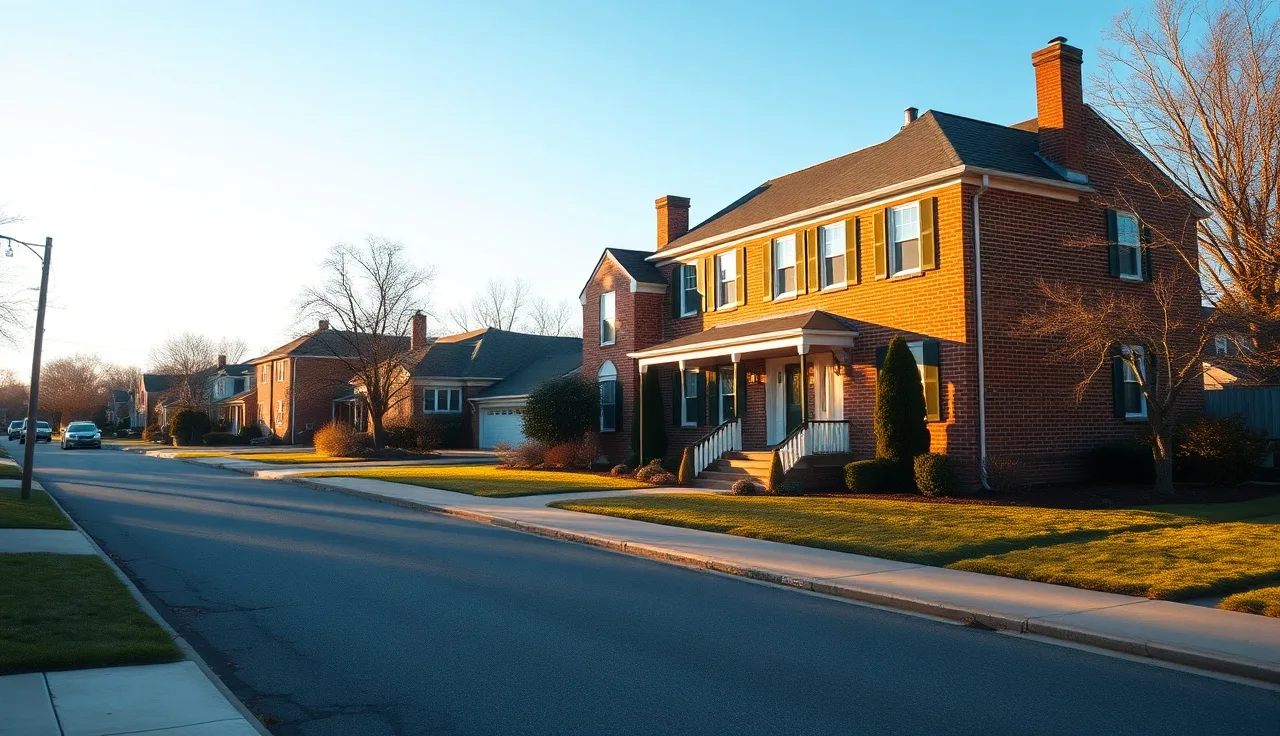 Brick colonial home on a residential street in Virginia Beach under afternoon sun