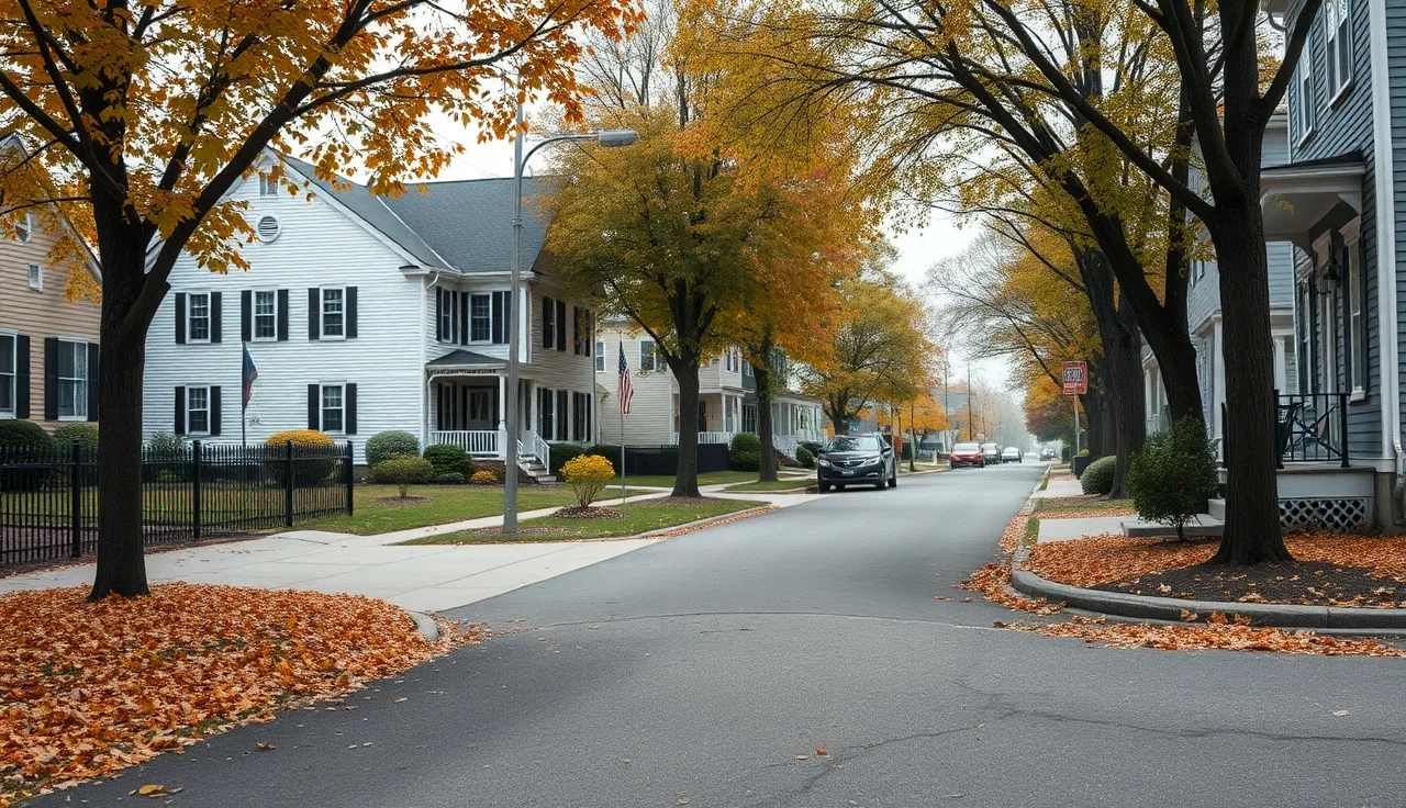 Quiet New England residential street with colonial homes in autumn, Warwick Rhode Island