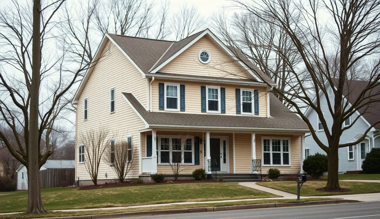 Suburban Minnesota home exterior on a quiet residential street in early spring
