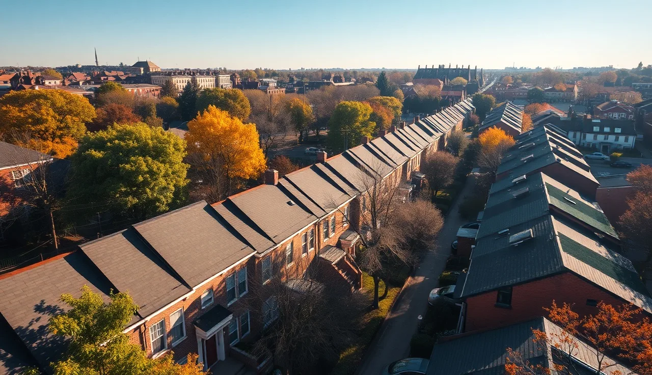 Aerial view of Washington DC brick rowhouses on a tree-lined street in autumn