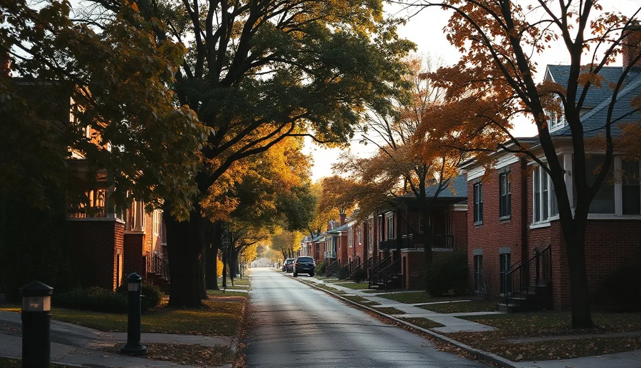 Autumn afternoon light on a Detroit residential street lined with brick bungalows