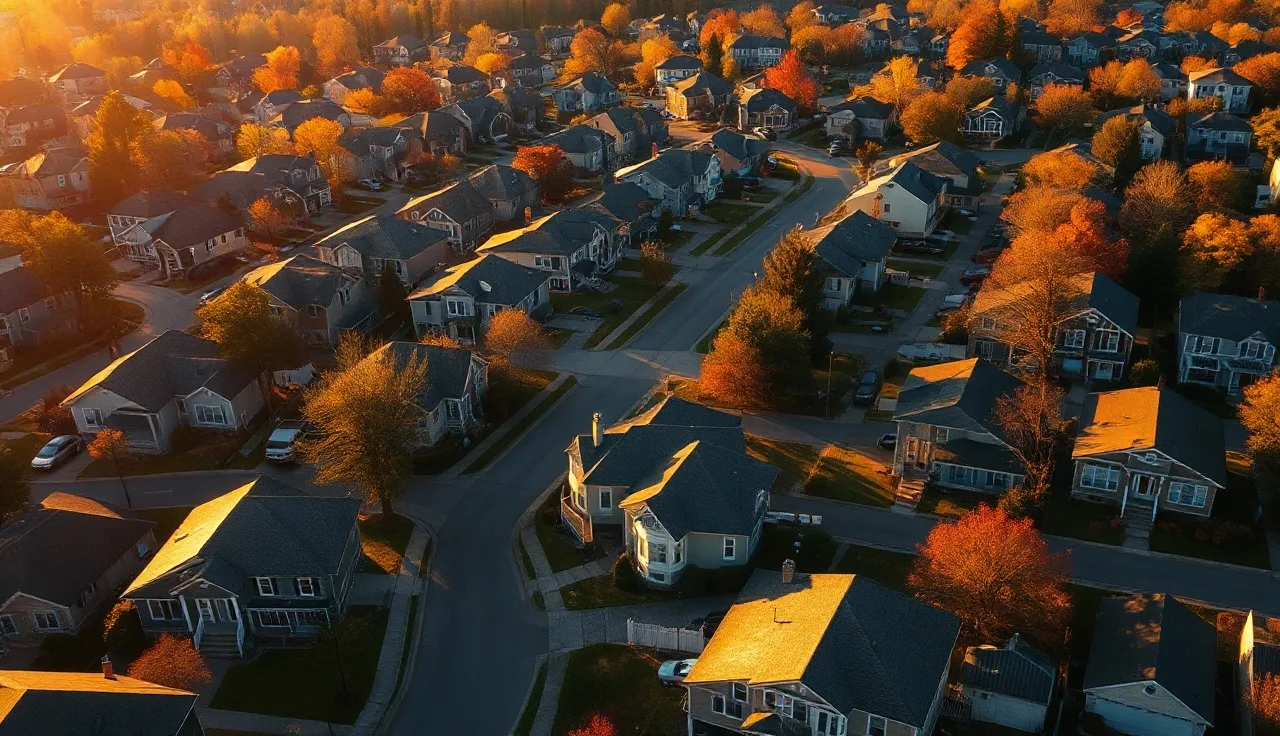 Aerial view of New Jersey residential neighborhood showing rows of homes at golden hour