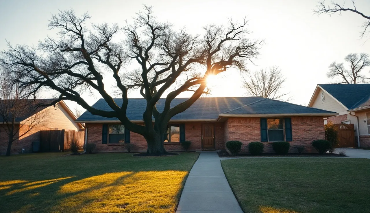 Brick ranch house in Williamson County Texas suburb on a clear winter morning
