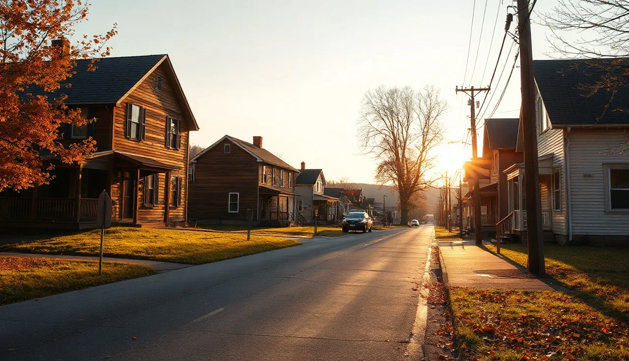 Appalachian residential street with wood-frame homes in autumn afternoon light